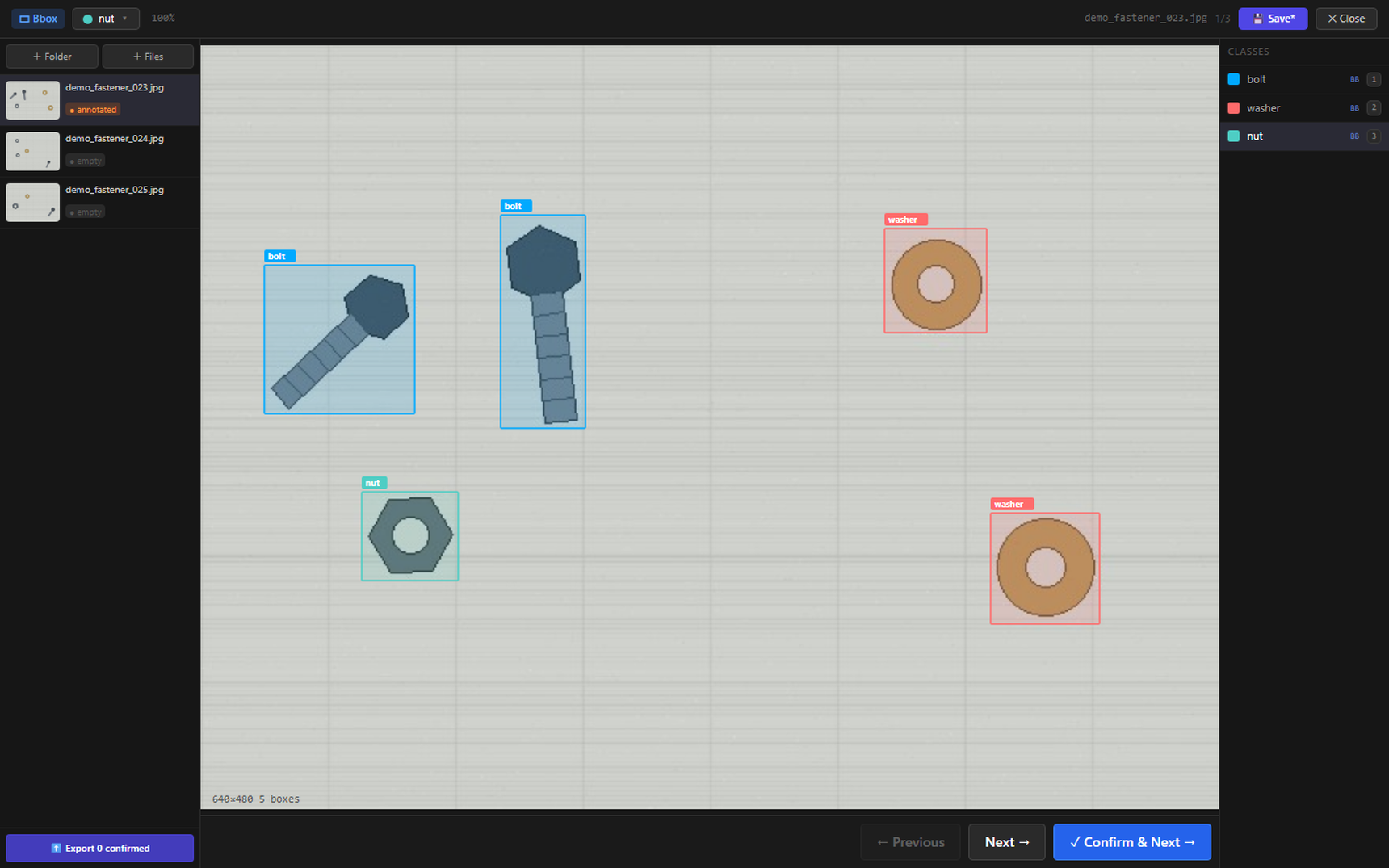 Devimation Studio built-in annotator with labeled bolt, washer and nut boxes on a demo image