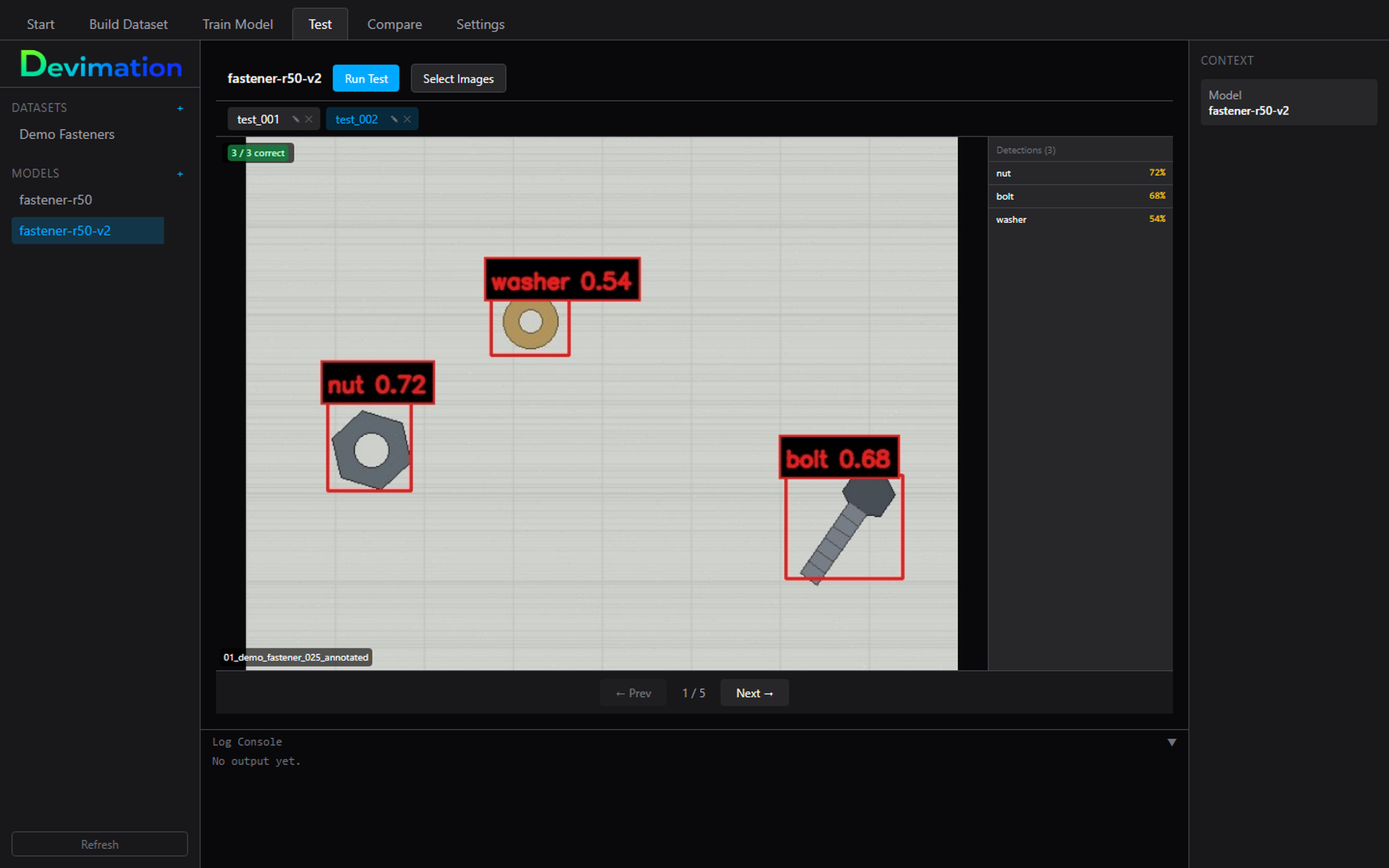 Devimation Studio Test tab showing detections with confidence scores on a demo image