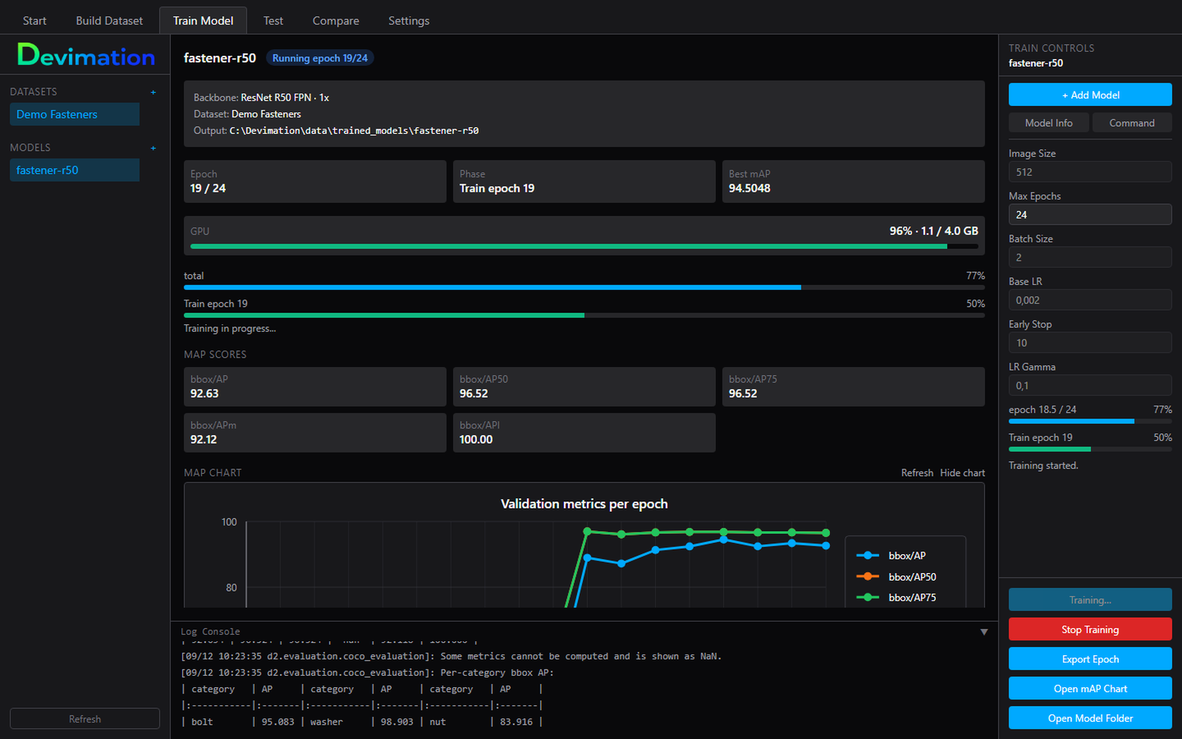 Devimation Studio Train Model tab with live epoch progress, GPU usage and validation chart